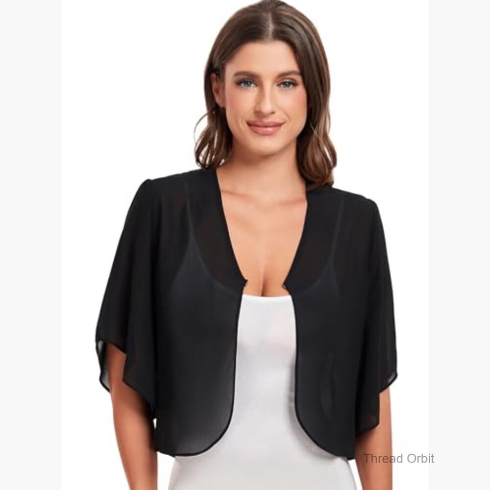 Large Chiffon Cropped Cardigan Shrug Short Sleeve Open Front Bolero - Picture 3 of 7